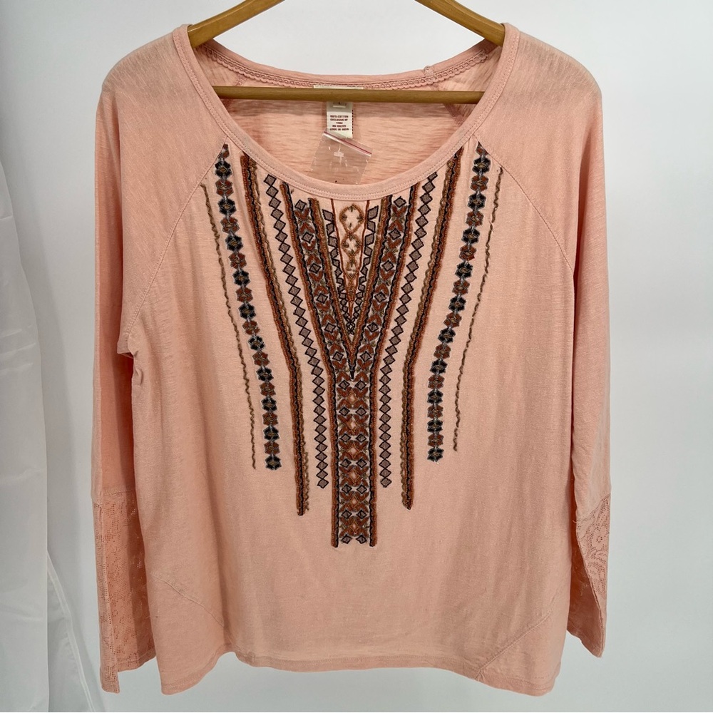 Sundance Womens Embroidered Beaded Top Size L Peach Lace Detail Boho